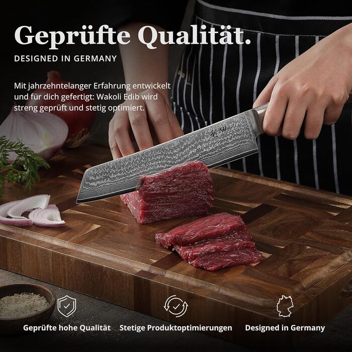 Кухонний ніж Wakoli EDIB Bunka з дамаської сталі (серцевина VG10), 20 см - гострий та ергономічний. Ніж з ручкою з паккавуду в подарунковій коробці. Кухонний ніж для професійних та аматорських кухарів. Без гравіювання