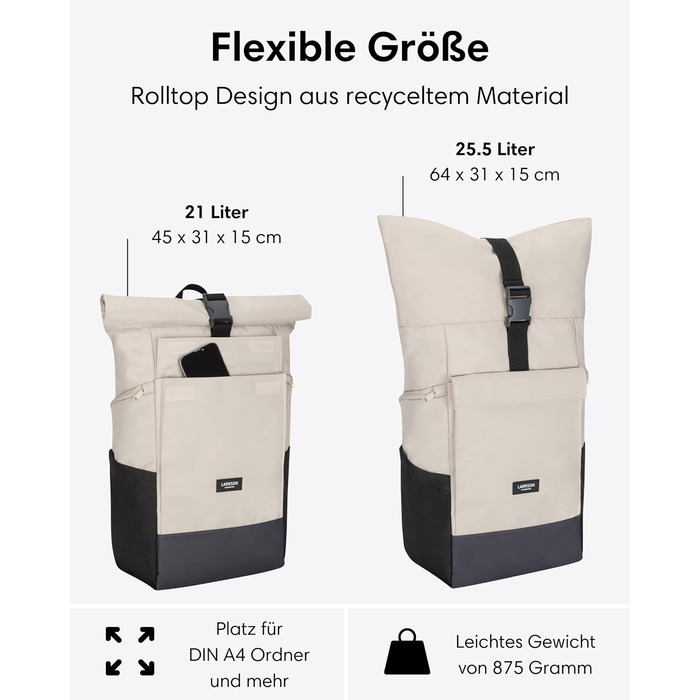 Рюкзак Rolltop для жінок і чоловіків No 4 Large, 21 л, відділення для ноутбука 16