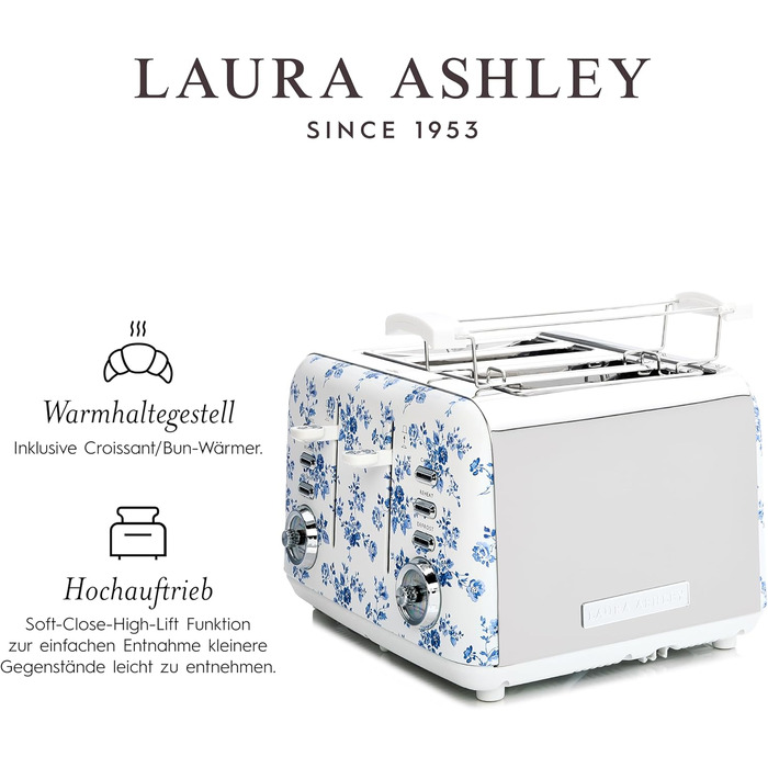 Тостер VQ Laura Ashley з 4-ма тостами, регулюванням нагріву, функціями розморожування та підігріву, з насадкою для круасанів, нержавіюча сталь, ретро-дизайн, колір 