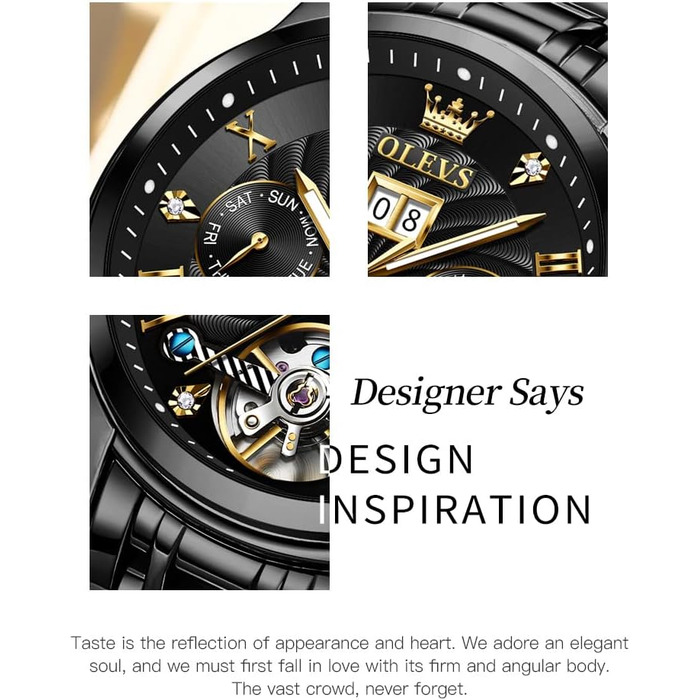 Чоловічий автоматичний скелетон-годинник OLEVS: механічний люксовий годинник із багатофункціональним календарем, водонепроникний, сталевий корпус, чорний