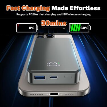 Магнітний портативний Power Bank 26800mAh з USB-C, для iPhone та Android (сірий метал)