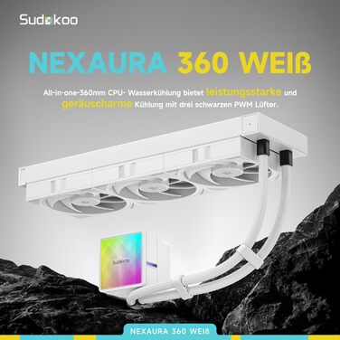 Система водяного охолодження CPU Sudokoo NEXAURA 360: AIO з 3 вентиляторами ARGB PWM та тихою помпою 2500–3600 RPM. Підтримка Intel LGA 1851/1700/1200/115X, AMD AM5/AM4. TDP 300W.