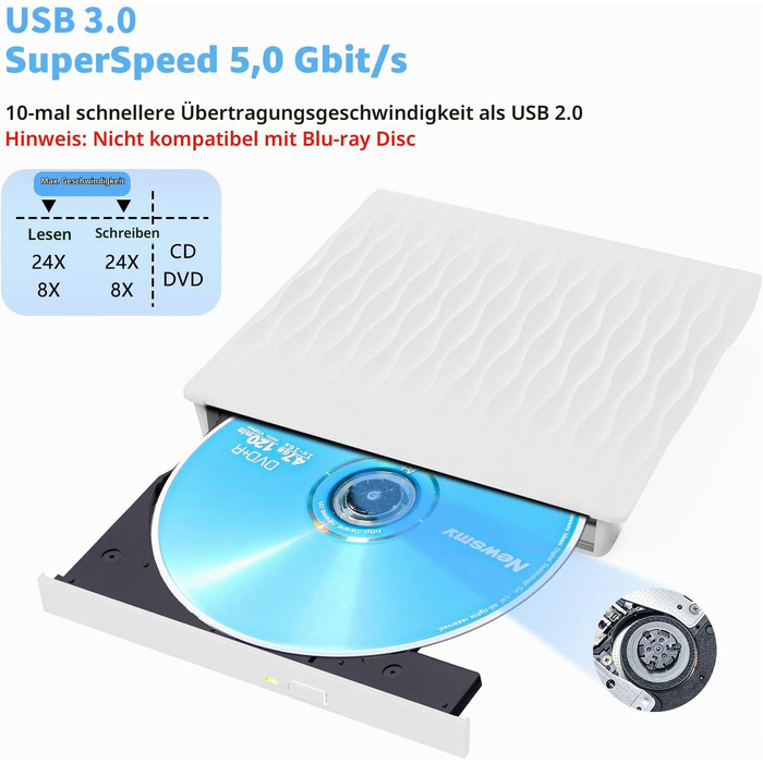 Зовнішній DVD/CD привід USB 3.0 та Type-C, DVD-записувач +/-RW для ноутбука та ПК, сумісний з Windows, macOS, Linux (Білий)