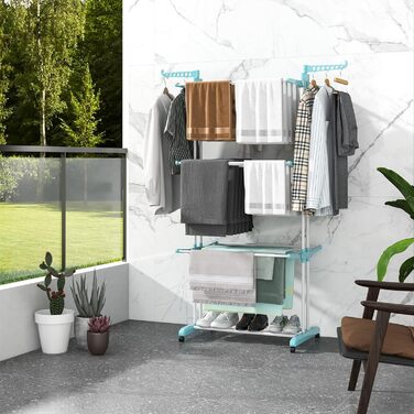 Стійка для сушіння білизни HOMASIS з 4 рівнями, розкладна, з колесами та бічними крилами, 127x63x171см, блакитна, вантажопідйомність 30 кг