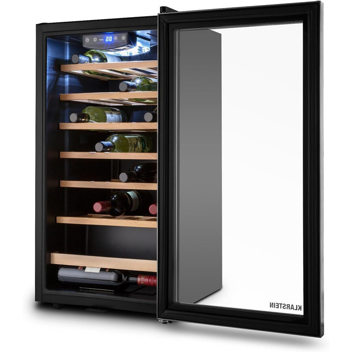 Витримання вина Klarstein Vivo Wine 26 - винний льох на 26 пляшок, 88 л, LED, регулювання температури, мінливий петельний механізм, двері з обох сторін, нержавіюча сталь, сріблястий колір