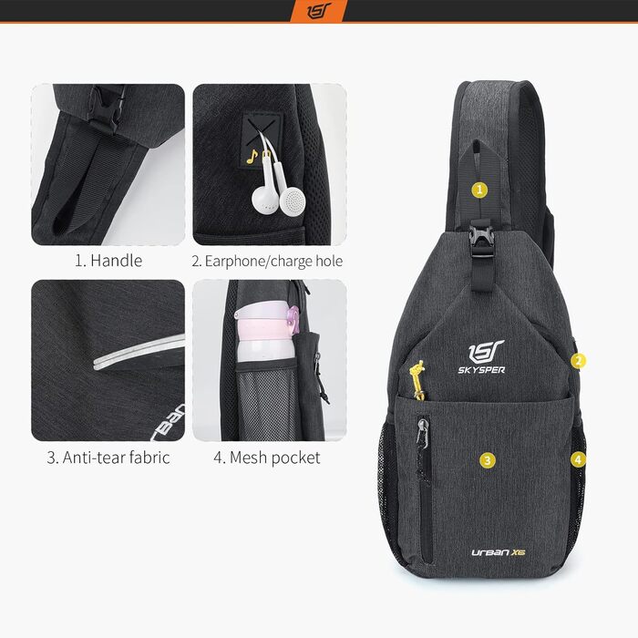 Чорна водонепроникна сумка через плече SkySper Urbanx6 6L - для подорожей, спорту та активного відпочинку