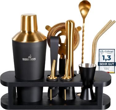 Barmingo Stainless Steel Cocktail Set - 11 Piece Bar Set with Shaker, Stand & Accessories | Cocktail Shaker Set | Bartender Set | Black & Gold
