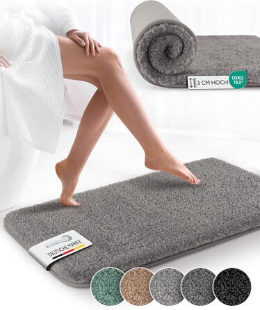 Beautissu Non-Slip Bath Mat - 120x70 cm - Plush Shaggy Rug for Bathroom - Washable, Grey - BeauMare FL