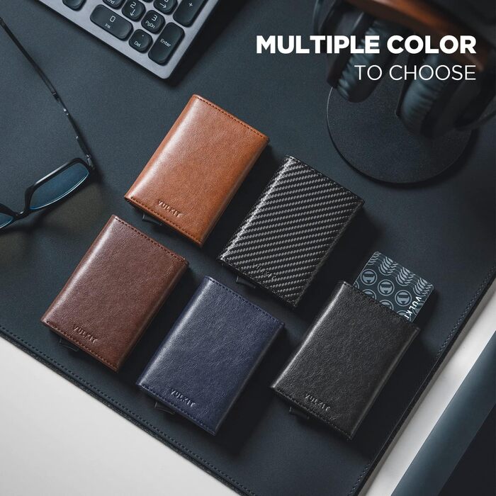 Чоловіче шкіряне картхолдер VULKIT з RFID-блокуванням, відділенням для грошей та візитки, Navy Blue