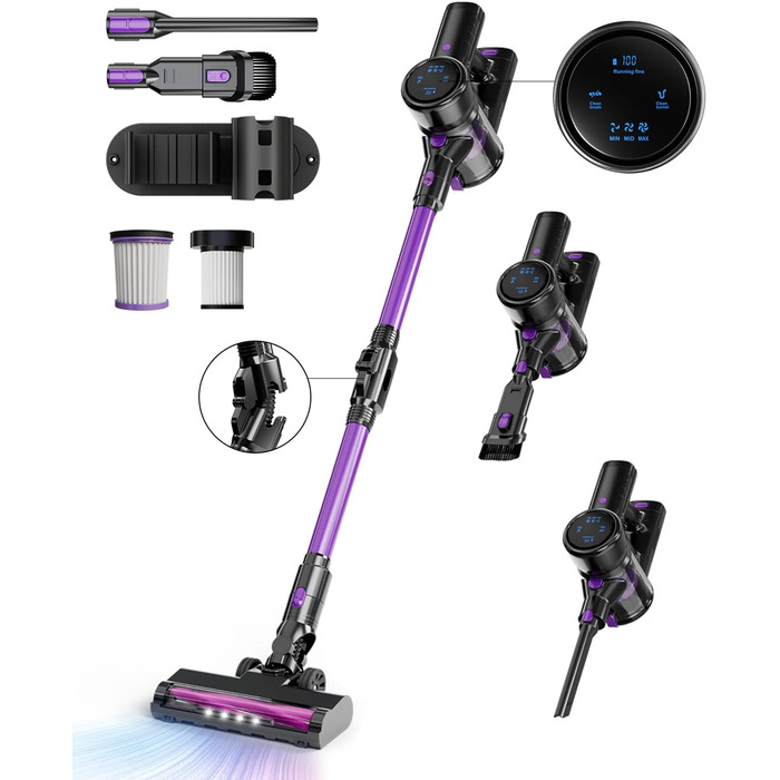 Бездротовий акумуляторний пилосос 28KPa з LED-дисплеєм, антинамотувальною щіткою та змінним акумулятором. Підходить для твердих поверхонь, килимів та видалення шерсті тварин (фіолетовий)
