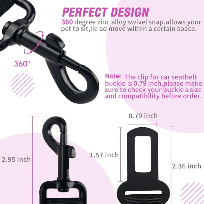 COOYOO Dog Safety Belt - Retractable Dog Car Harness with Elastic Bungee Buffer - Adjustable Nylon Pet Seat Belt for Car - Pink