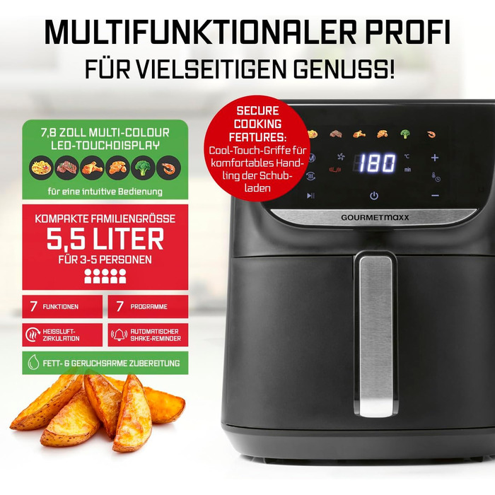 Фритюрниця повітряна GOURMETmaxx AirGenius 5.5 л з 7 програмами | Міні-піч з LED-дисплеєм | Здорове приготування для 3-5 осіб