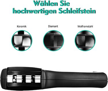 Точилка для ножів Adoric з 3 ступенями, вольфрамовий сталь, діамант, кераміка, чорна