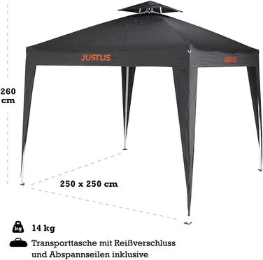 JUSTUS Grill Pavilion, foldable outdoor canopy for the garden, easy and quick assembly, special polyester cover, 250 x 250 x 260 cm, Black