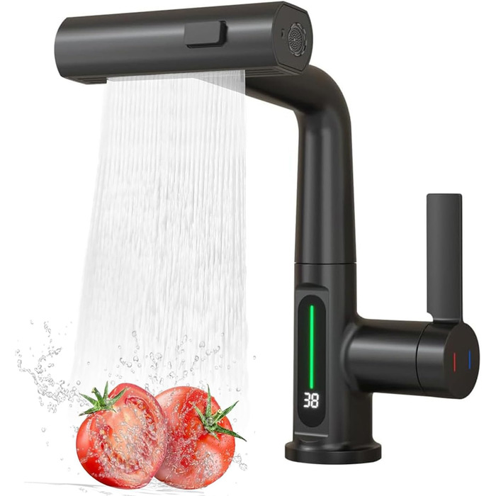Чорний кухонний змішувач з висувною лійкою, 3 режими, LED-індикатор температури, поворотний на 360°, для високого тиску, регульована висота