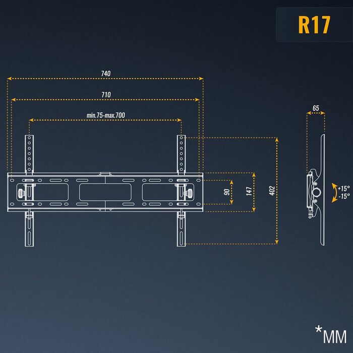 Настінне кріплення для телевізора RICOO R17 40-100 дюймів, до 100 кг, VESA 200x200 - 700x400, похиле
