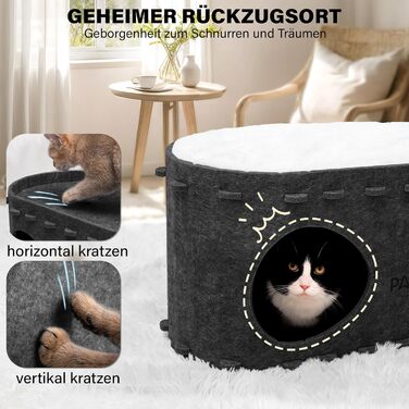 Cat Cave Felt Cat Bed, Cave Cat House for Indoor Cats, Cave with 2 Soft and Warm Cushions, Winter-Proof, Protects Cat Claws, 58W x 33D x 30H cm, (Dark Grey)