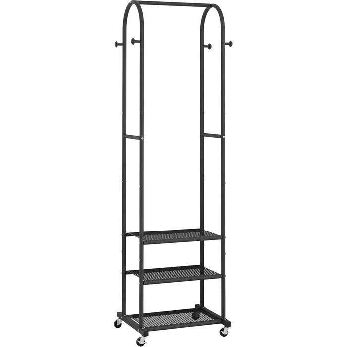 Robust Clothes Rack with Wheels, Modern Clothes Rack with 3 Metal Shelves, 180 cm Display Stand for Hanging Clothes, Clothes Rail for Small Room, Black