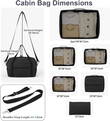 Органайзер для валізи 12 шт. - комплект водонепроникних кубиків для подорожей, сімейних поїздок та зберігання вдома (Чорний, 7 кубиків + 1 кабінна сумка 20л)