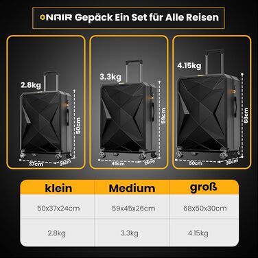 Набір валіз ONAIR 3 шт. (S, M, L) – чорний & золотий, водонепроникний корпус ABS з TSA-замком, тихі колеса, міцний, для подорожей