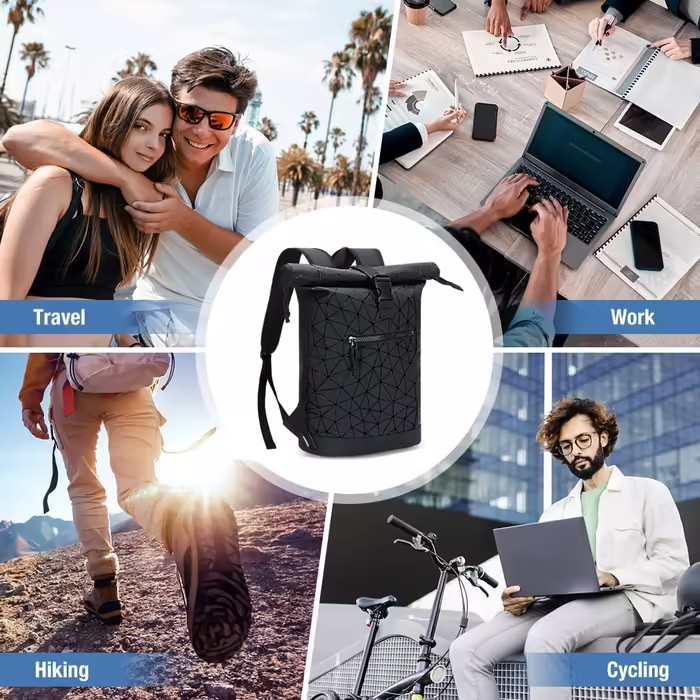 Roll-Top Backpack Waterproof for Women & Men, Large Laptop Backpack with Computer Compartment for 17-inch Laptop, Elegant Travel Backpack Daypack for Travel, Cycling, University, School - Diamond Pattern