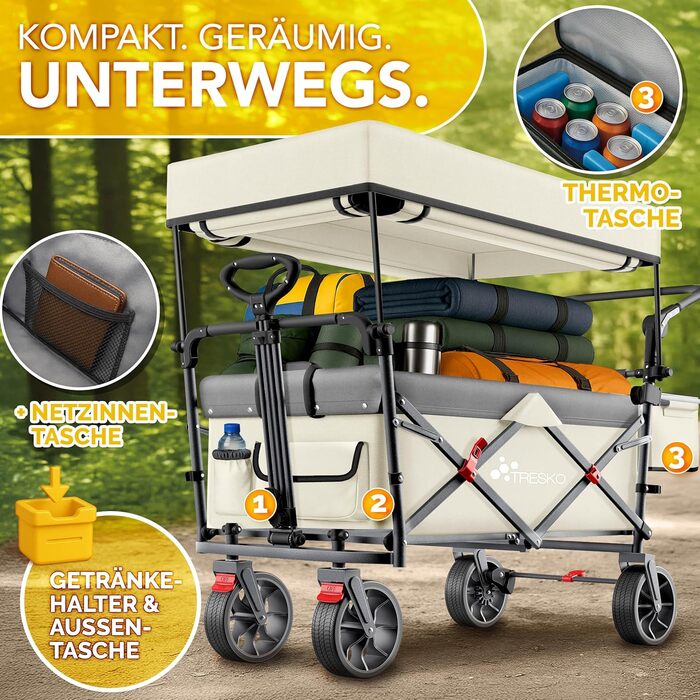 TRESKO® Розкладний вагончик з дахом, кишеньою-холодильником та бічними ролетами | Вагончик для перевезення вантажів до 150 кг | З повного гумового покриття коліс та гальмами (передні та задні) та 3-точковим ременем безпеки (Зелений) (Бежевий)