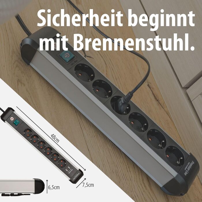 Мережевий фільтр Brennenstuhl Premium-Alu-Line на 6 розеток з USB (3.1A), 3м, алюмінієвий корпус, з вимикачем, Made in Germany