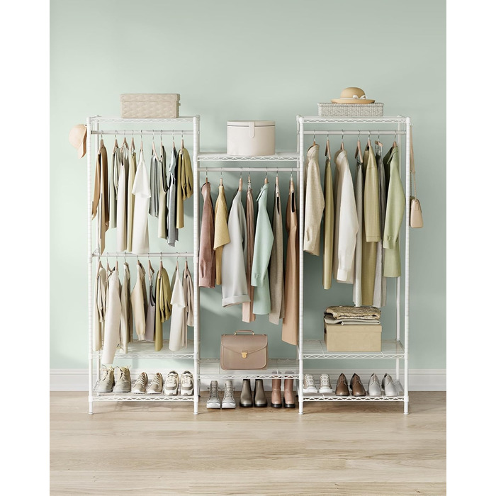SONGMICS Clothes Rack, Open Wardrobe, Metal Coat Rack, Coat Stand with Adjustable Shelves and Clothes Rails, Hooks, High Load Capacity, Detachable, Cloud White LGR431W01
