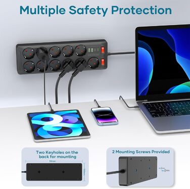 Многорозеткова панель з USB, 11 розеток, з вимикачем, 2 USB-A та 2 USB-C порти, 4000W, 16A, 2 вимикачі, 2м кабель (чорний)