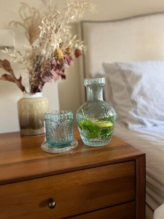Curator Home Vintage Nightstand Water Carafe and Glass Set - 750 ml Capacity - Elegant Glass Jug for Water, Juice, or Wine - Stylish Home Decor for Kitchen or Dining Room (Light Blue)