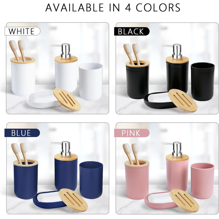 CERBIOR Набір аксесуарів для ванної кімнати з бамбука, 6 предметів: мильниця, тримач для зубних щіток, стакан для ополіскування, дозатор для лосьйону, флакон, сміттєвий контейнер, щітка для унітазу, білий