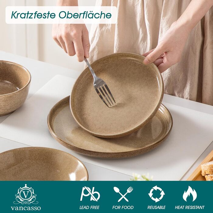 Набір посуду Steingut vancasso ANYA (48 предметів) - 48-місний сервіз з тарілок, десертних тарілок та мисок, карамелевого кольору, сумісний з мийкою та мікрохвильовою піччю