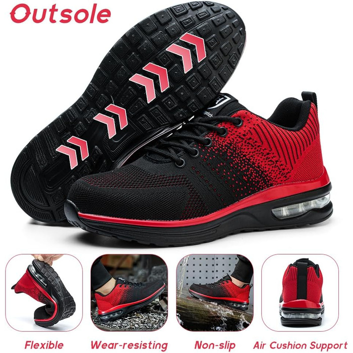 Легкі робочі черевики для чоловіків та жінок. Безпечні, антиковзкі, спортивного стилю, зі сталевим підноском. Дихаючі робочі черевики (40 EU, Червоний)