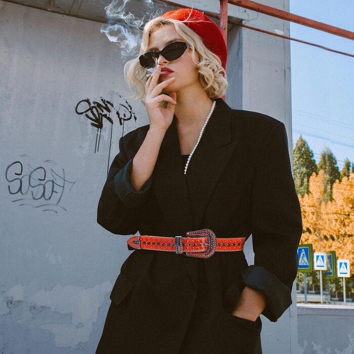 Жіночий та чоловічий шкіряний пряжка з стразами, ковбойський/ковбойський пояс з діамантами, пояс з пряжкою з заклепками для джинсів, червоний, розмір 38-40