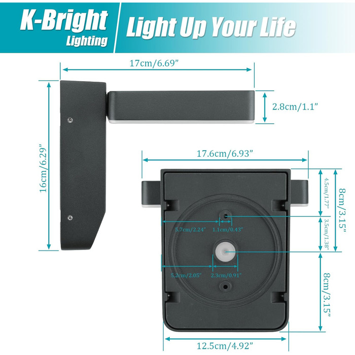 Зовнішнє LED-світильник K-Bright з датчиком руху, вологозахист IP65, для балкона та саду, темно-сірий