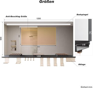 Дзеркало для ванної кімнати SONNI з підсвічуванням 60x40 см, LED, IP44, білий. Розміри: 120x60 см, темно-сірий + верхнє світло