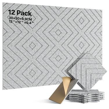 Акустичні панелі Soundsbay самоклеючі, звукопоглинаючі плити з поліестеру для стін 30x30x0,9 см, сріблясто-сірі (12 шт.)