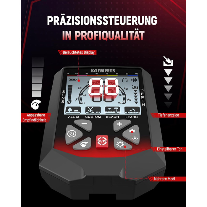 Металошукач KAIWEETS Profi Set: LCD дисплей, водонепроникна котушка, 30см глибина, регулювання чутливості, для дорослих та дітей