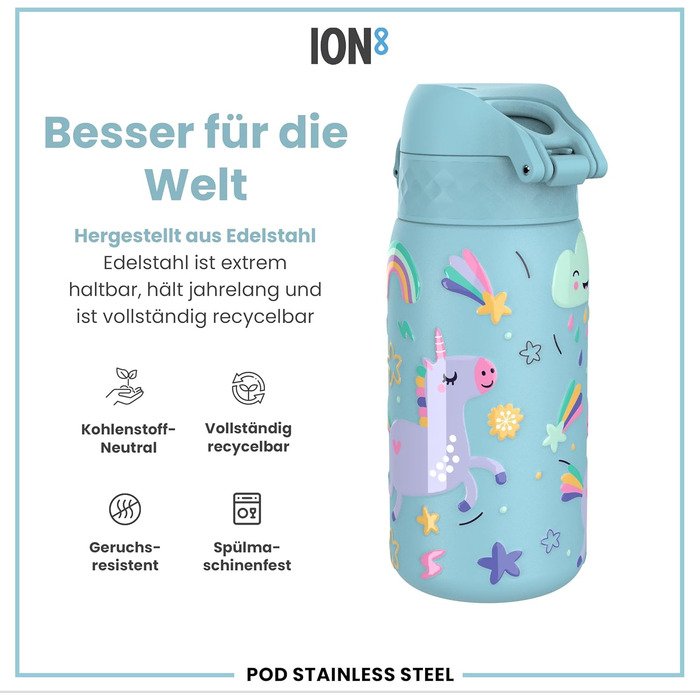 ion8 Insulated Stainless Steel Drinking Bottle 320 ml Leak-Proof One-Handed Opening Secure Locking Dishwasher Safe Flip-Top Lid Carrying Handle Easy to Clean, Durable, Unicorn (Evo, Steel, Alaskan Blue)