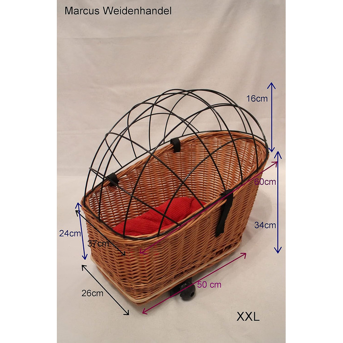 Кошик для велосипеда на багажник для собак, плетіння з лози з металевою сіткою та подушкою, XL або XXL. Кошик для багажника (XXL з подушкою)