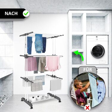 Воніа - сушилка для білизни на колесах, металева, 3 яруси, 6 відкидних крил, 72 x 50 x 172 см, для дому та вулиці