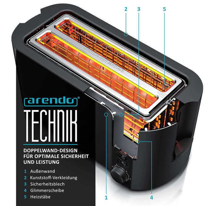 Тостер Arendo з нержавіючої сталі з 4 широкими слотами, подвійними стінками, тримачем для булочок, 6 ступенів підсмажування, центровкою хліба, автоматичним вимкненням та дисплеєм з індикатором часу (чорний)