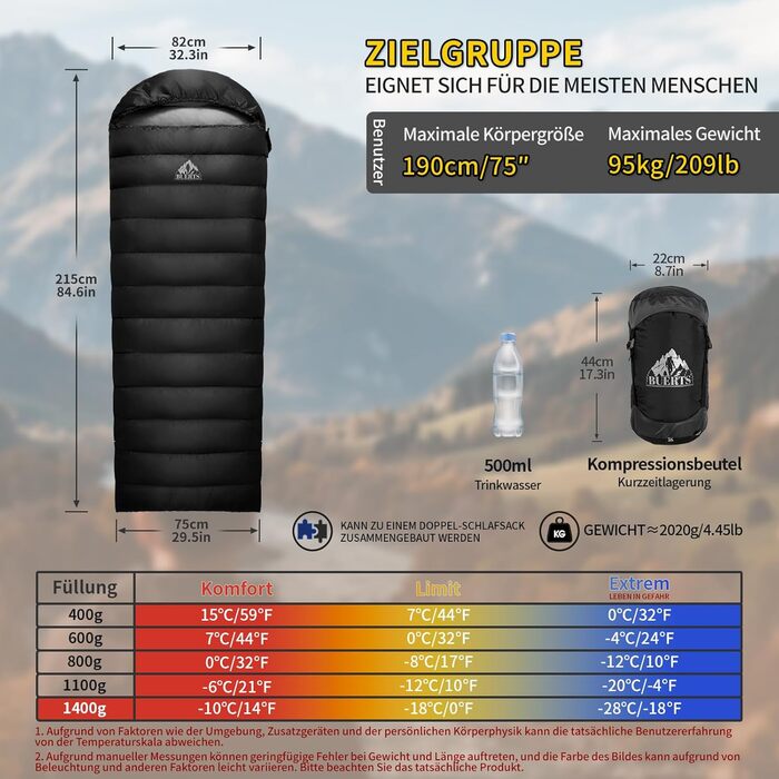 Спальний мішок зимовий Daunenschlafsack: теплий та легкий для дорослих та дітей, 680FP, для походів, альпінізму, кемпінгу. Чорний, 0°C (-10°C)
