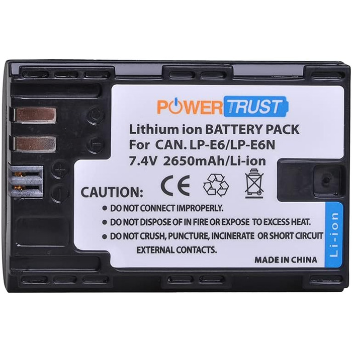Акумулятор PowerTrust LP-E6/LP-E6N та зарядний пристрій для Canon EOS R5, R5 C, R6, R7, R, 60Da, 60D, 70D, 80D, 90D, 5DS R, 5Ds, 5D Mark II, 5D Mark III, 5D Mark IV, 6D, 6D Mark II, 7D, 7D Mark II