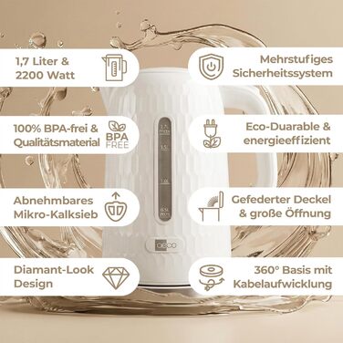 Електричний чайник Aeco AQA NEO з нержавіючої сталі, 1.7 л, 2150 Вт, без BPA, фільтр від накипу, бездротовий, CoolTouch, шампань сріблястий