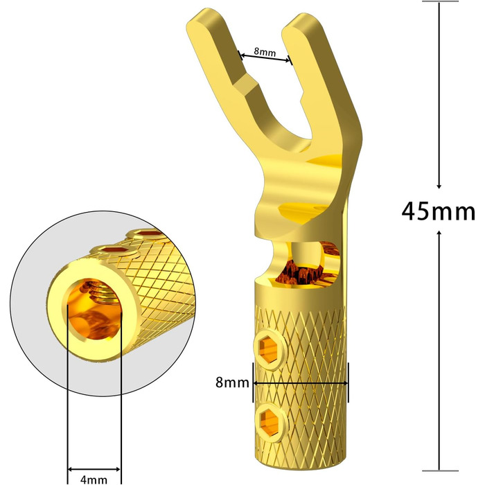Комплект позолочених роз'ємів-вилок для акустичних кабелів Monosaudio SY1508G, чиста мідь, для кабелів 8-20AWG (до 4мм), 8 шт.