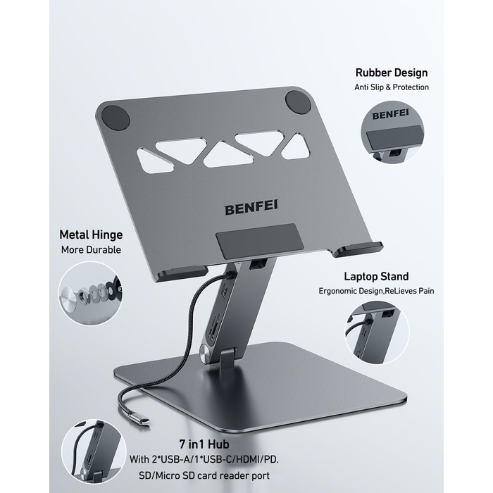 Підставка для ноутбука BENFEI 7-в-1 з USB-C док-станцією – HDMI (4K@60Hz), SD/Micro SD, 100W Power Delivery, 10Gbps (USB-C & USB 3.2) – для MacBook Pro/Air, iPad Pro, XPS, ThinkPad