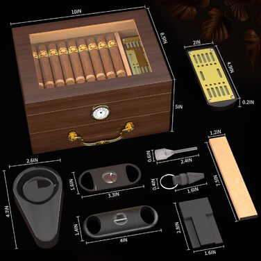 Герметичний вологомір для сигар | Humidor з вологоміром, виготовлений з порцелянового дерева, аксесуари, повний комплект аксесуарів | Для 20–70 сигар (Колір: чорне горіхове дерево)