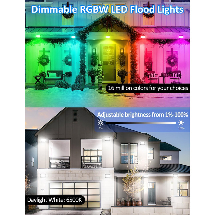 LED Floodlights Outdoor, 100W Smart RGB Floodlights with Remote Control and Bluetooth App, LED Floodlight Spotlights Color Changing Floodlights, IP66 Waterproof Floodlights for Gardens, Courtyards (2 Pack) (30w-rgb-app-4p)