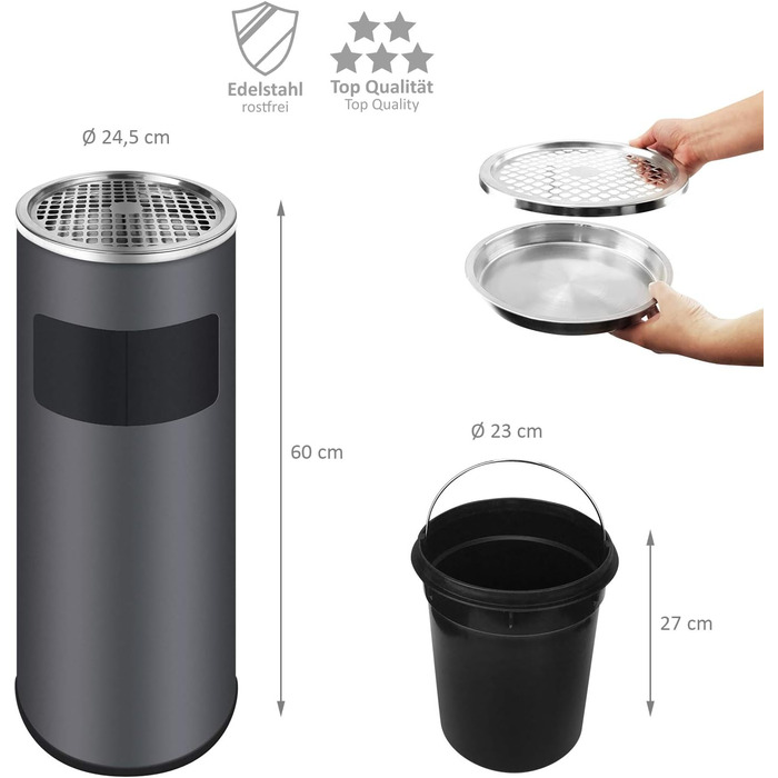 WELLGRO Standaschenbecher з нержавіючої сталі 2в1 для вулиці: попільничка та сміттєвий бак сірого кольору. Великий попільничник для тераси, входу та комерційних приміщень, стійкий до погодних умов.